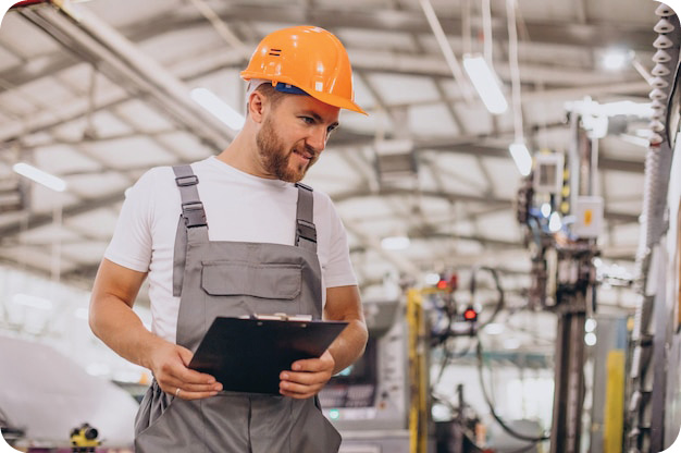 Free photo workman at store house in orange helmet